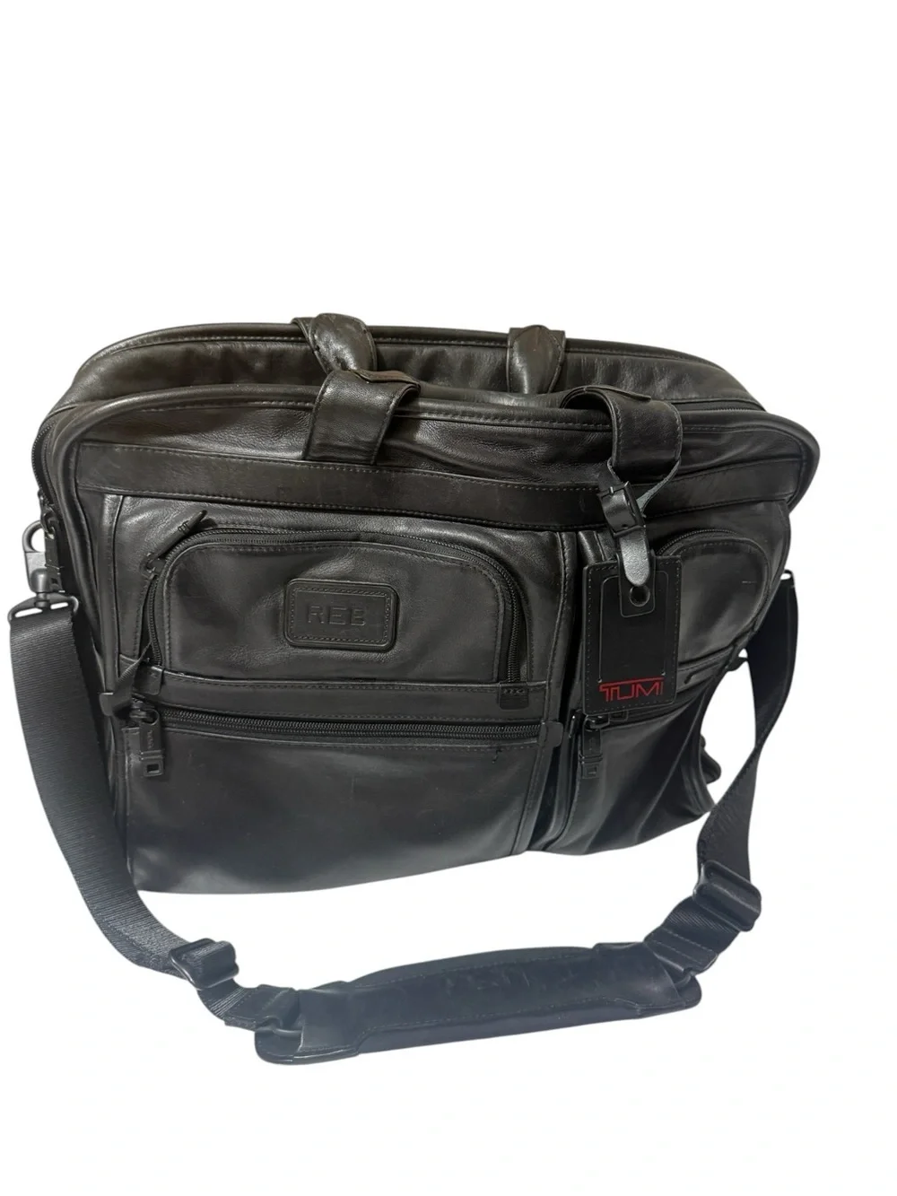 Tumi Black Leather Laptop Briefcase with Shoulder Strap